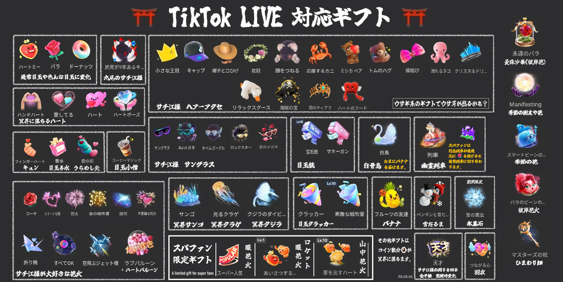 亡霊LiveのTikTok対応ギフト一覧。目玉の変化、アクセサリー、花火、冥界の生き物、スーパーファン限定ギフトなどの演出。